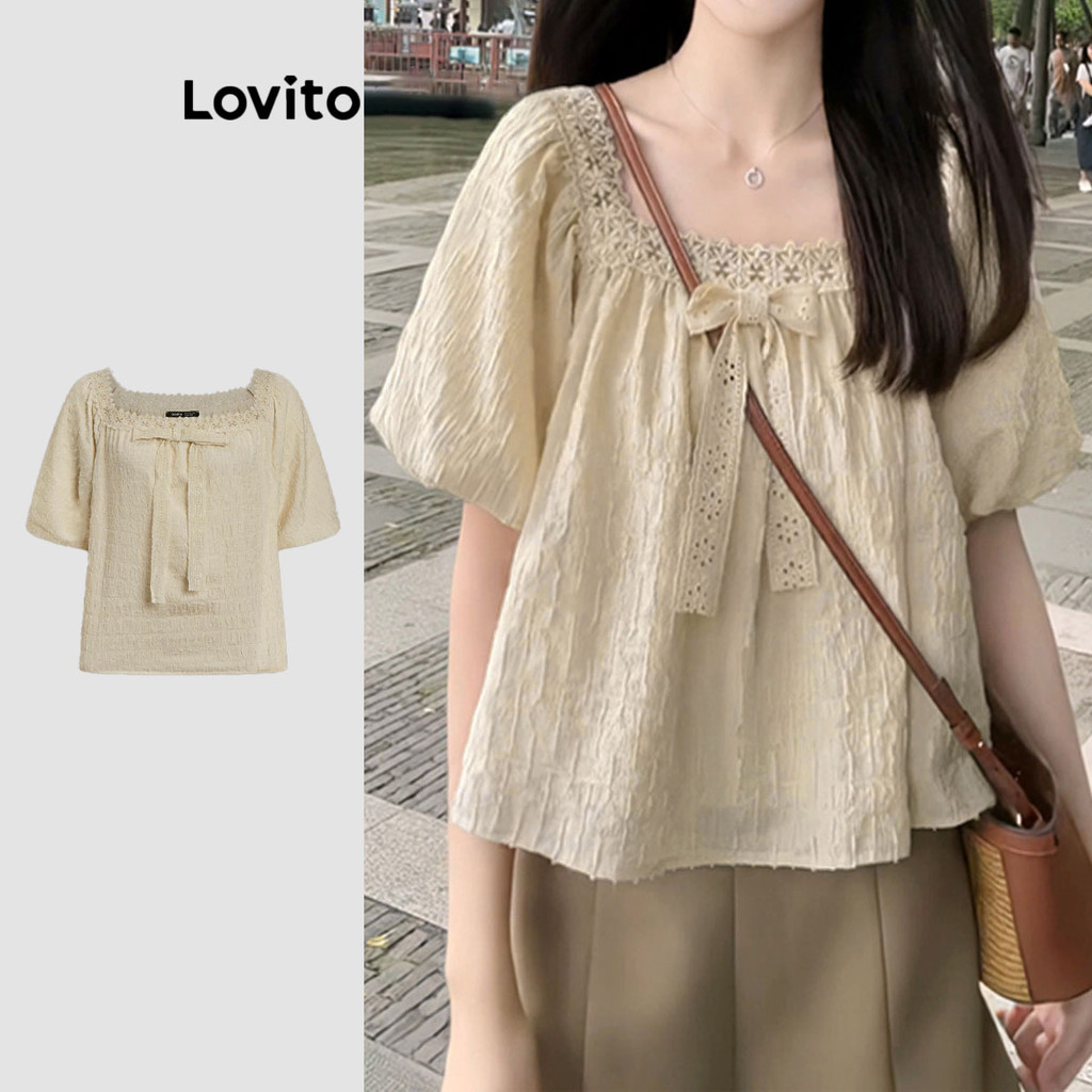 (KOL‘s pick) เสื้อเบลาส์ คอเหลี่ยม แต่งลูกไม้ตาข่าย สีพื้น สไตล์ลำลอง สำหรับผู้หญิง LNE19122 (สีแอปร