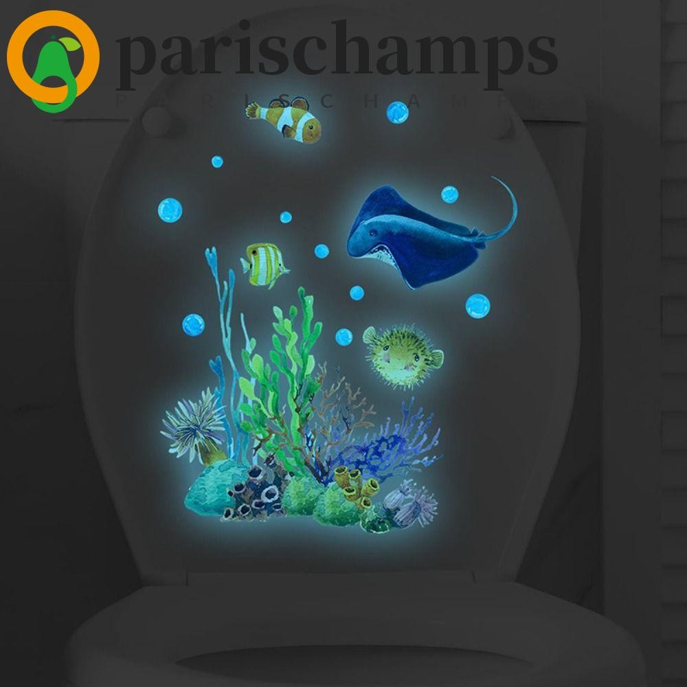 PARISCHAMPS สติ๊กเกอร์ติดห้องน้ํา, Undersea สัตว์ปลา Coral Glow in Dark WC ฝาชักโครกรูปลอก, ตกแต่งบ้านกันน้ําการ์ตูน DIY ฝาชักโครกสติกเกอร์ WC