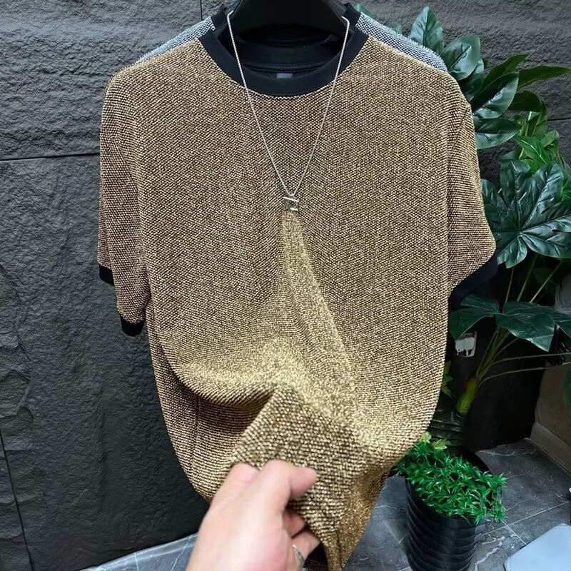 เสื้อยืดแขนสั้น High-End เงาฤดูร้อนผ้าไหมน้ําแข็งแขนสั้นเสื้อยืดผู้ชาย Street สวมใส่ Loo
