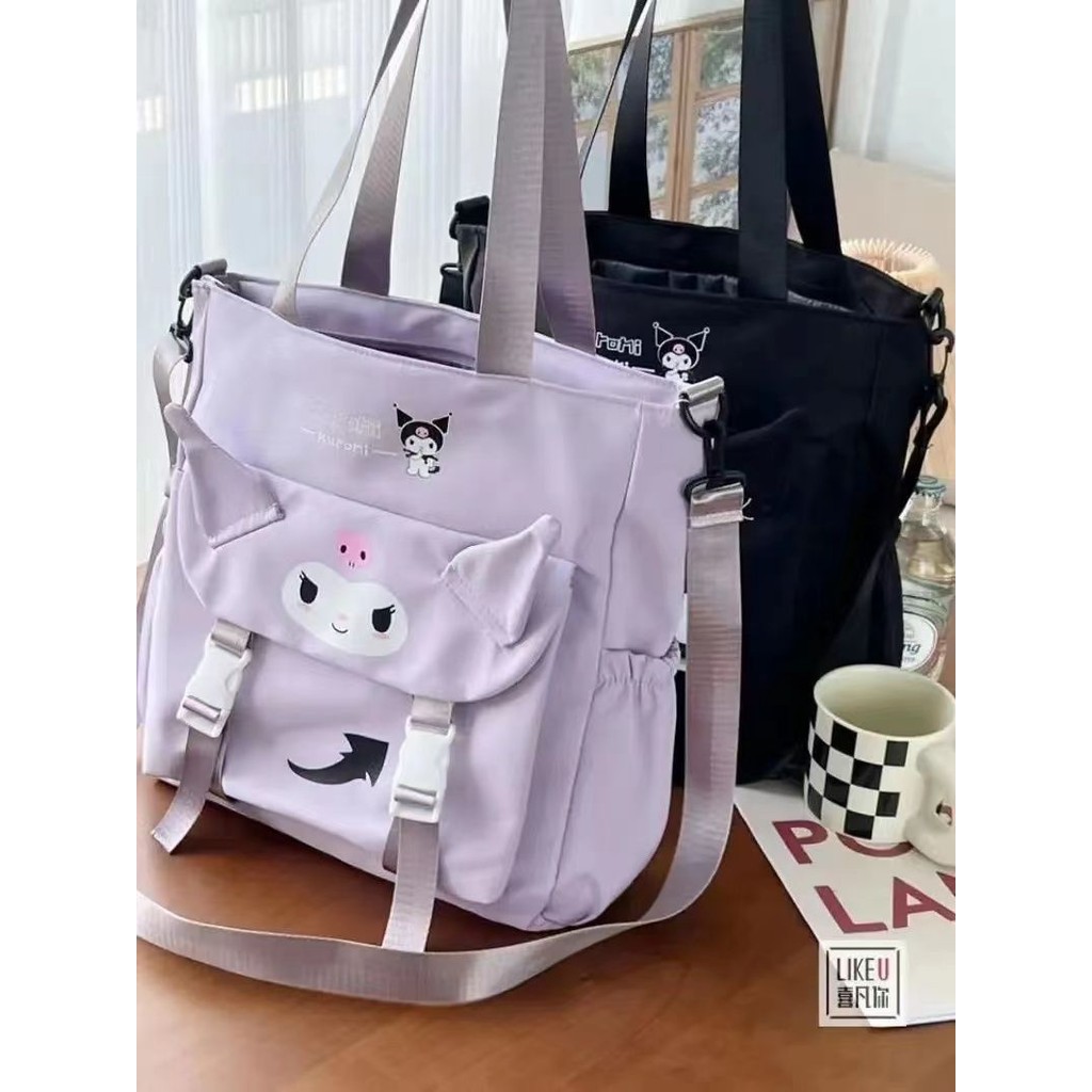 การ์ตูนเกาหลีน่ารัก Kuromi One-Shoulder Messenger Tote Bag Junior High School College Students Class Tutorial Bag Canva