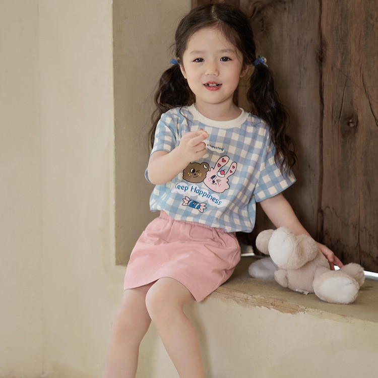 ฤดูร้อน เสื้อยืดแขนสั้นน่ารักใหม่สำหรับเด็กผู้หญิง ลายการ์ตูน ลายตาราง ลายจุด เสื้อเด็ก