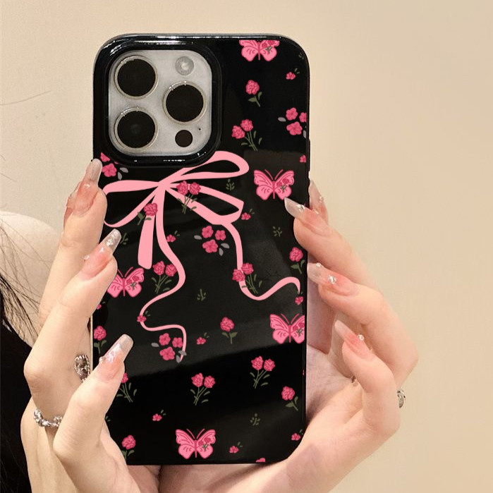 สำหรับ iPhone 16 Pro Max เคส ไอโฟน สีดำมันTPUซอฟท์เคส กันกระแทกกล้องป้องกัน โบว์ดอกไม้ เข้ากันได้กับ 14 13 12 Pro 11...