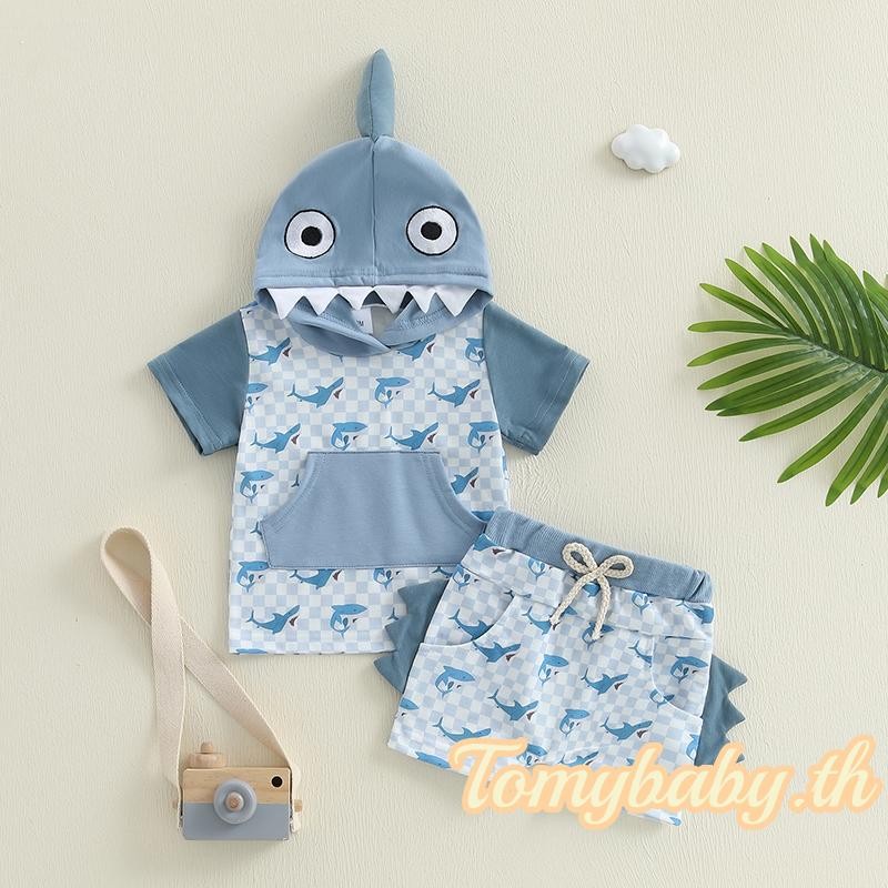 Tomybaby-เด็กทารกฤดูร้อนชุดแขนสั้น Shark พิมพ์ Hooded Tops + กางเกงขาสั้น Drawstring ชุด