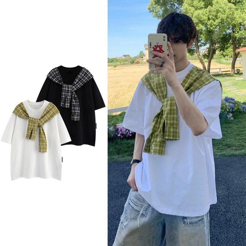 ASRV ญี่ปุ่นปลอมสองชิ้นผ้าคลุมไหล่ลายสก๊อตเสื้อยืดฤดูร้อนสไตล์วิทยาลัยผู้ชายและผู้หญิง