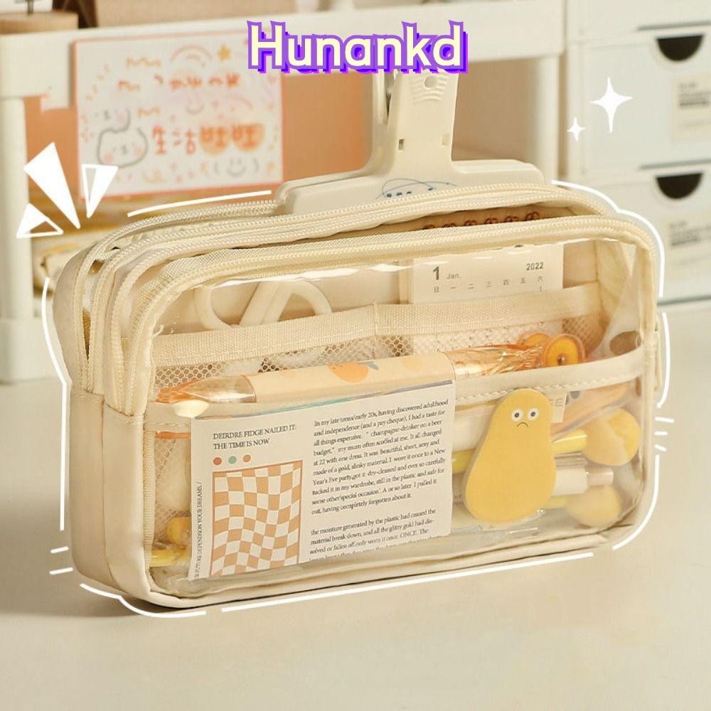HUAN กระเป๋าปากกา, ดินสอความจุขนาดใหญ่ห้าชั้น, แบบพกพาโปร่งใสแบบพกพา PU หนัง + PVC เครื่องเขียน Organizer ของขวัญนักเรียน