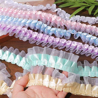 Double-Layer โพลีเอสเตอร์ Ruffled ลูกไม้ Trim - 4 ซม.Tulle + 2.5 ซม.โพลีเอสเตอร์สําหรับ DIY แฟชั่นตกแต่งบ้าน