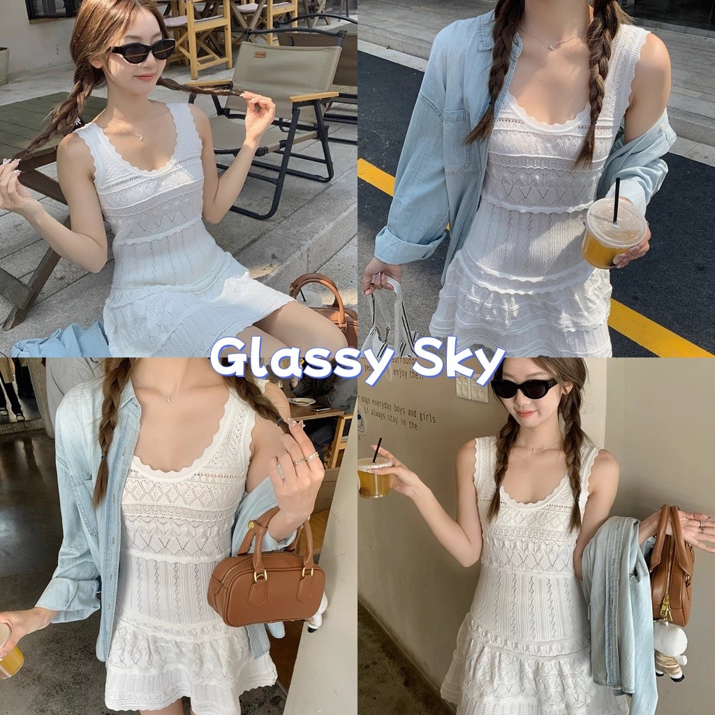 Glassy Sky💖พร้อมส่ง💖 ชุดมินิเดรส สีขาว แขนกุด ผ้าไหมพรม สไตล์มินิมอล (W-N096)