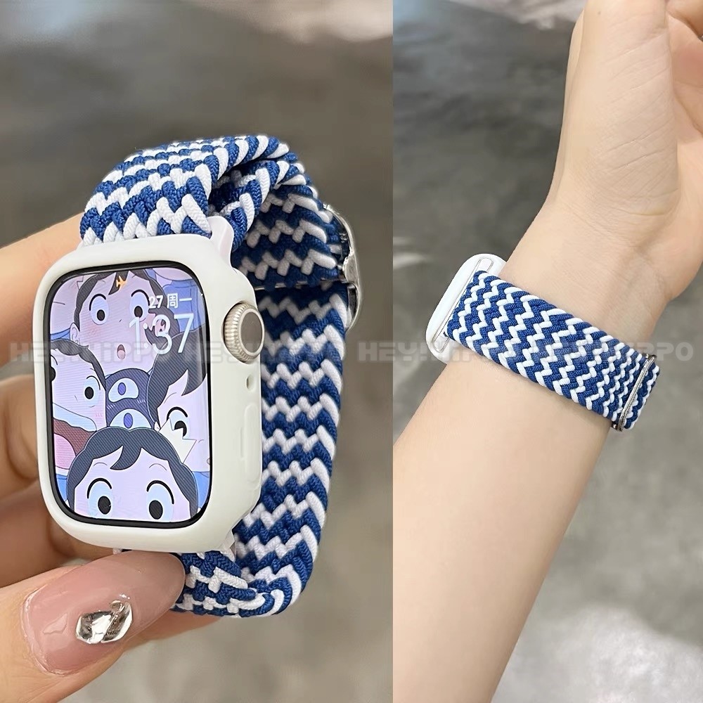 สายรัดไนลอนยืดหยุ่น+เคสป้องกันเหมาะสําหรับสมาร์ทวอทช์ซีรีส์ 10/9/8/7/6/5/SE/4/3 สายทอปรับได้เหมาะสําหรับ ฉันดู 49/46/45/44/42/41/40/438มม