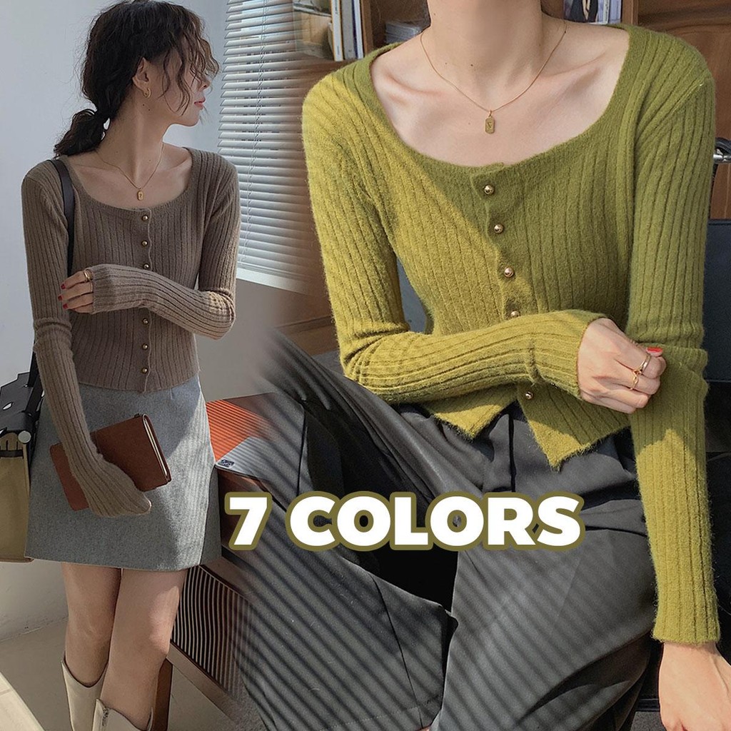 mmi&didi#เสื้อไหมพรมแขนยาว ทรงเข้ารูป คอเหลี่ยม สไตล์สั้น คาร์ดีแกน แต่งกระดุมมุก แฟชั่นเกาหลี สำหรั