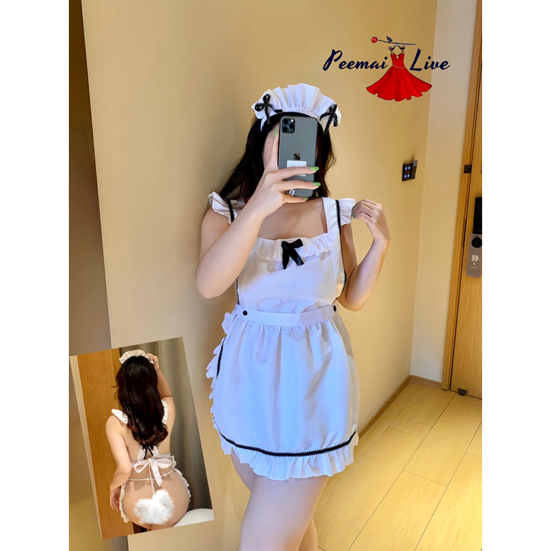 PEEMAI LIVE P280ชุดเมดแม่บ้านสาวอวบ ผ้ากันเปื้อนเว้าหลัง XXL-3XL 80 กก P-280