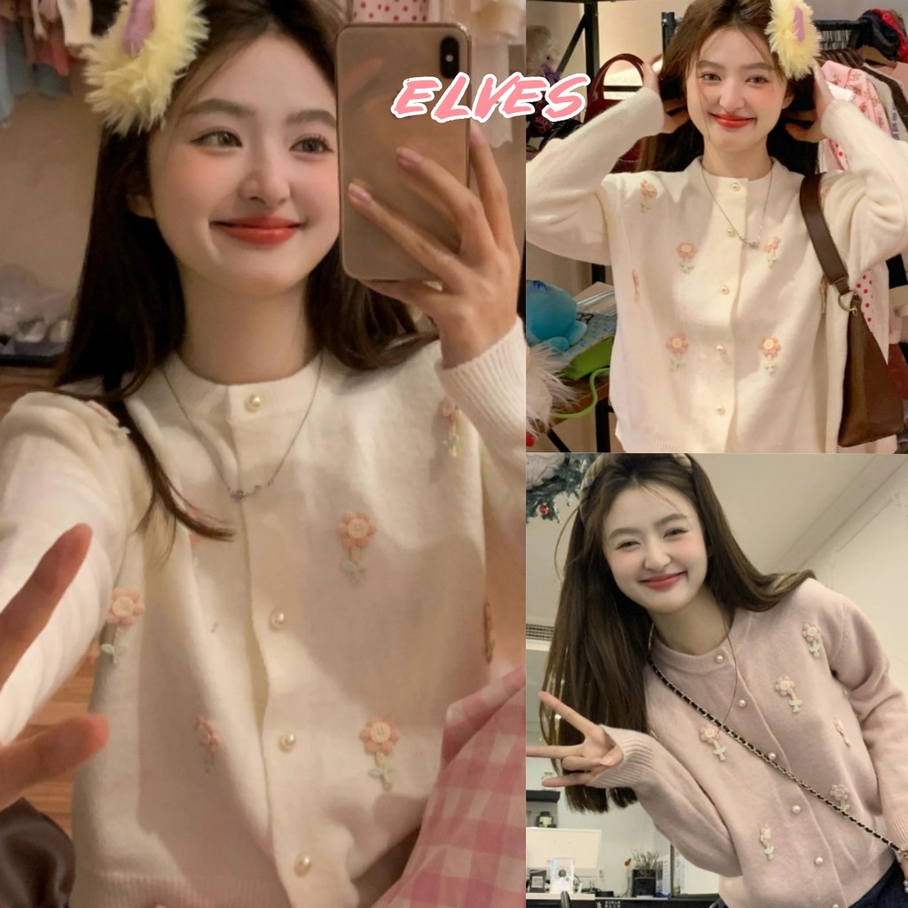 Elves พร้อม เสื้อไหมพรมแขน คอกลม กระดุมหน้า ผ้ากันหนาว ดีเทลแต่งดอกไม้เกาหลี สีทึบ"12512-1"
