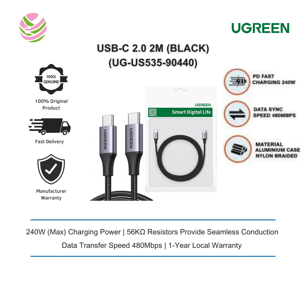 UGREEN USB-C 2.0 MAN TO MAN สายชาร์จ PD3.1 240W MAX BRAIDED 2M (สีดํา) UG-US535-90440