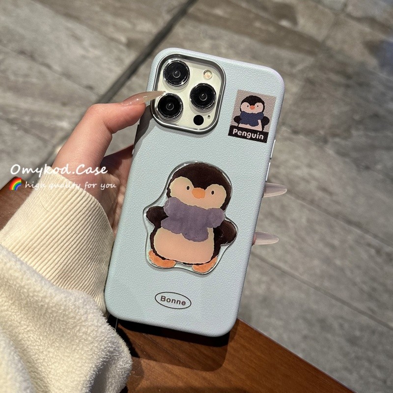 SAMSUNG ปลอกหนังสําหรับsamsung S21 S22 S23 S24 Plus Ultra S20FE S23FE S24FE A51 A31 A21s A20s A03 A16 A06 เคสโทรศัพท์INSน่ารักเพนกวินสีฟ้าการ์ตูนPatch Anti Dropกันกระแทกป้องกัน
