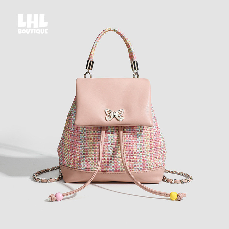 LHL BOUTIQUE การออกแบบที่น่าสนใจเป็นพิเศษเดิมสไตล์คลาสสิกทอกระเป๋าเป้สะพายหลังโซ่อเนกประสงค์ dopamine หวานเย็นกระเป๋าเป้สะพายหลังขนาดเล็ก
