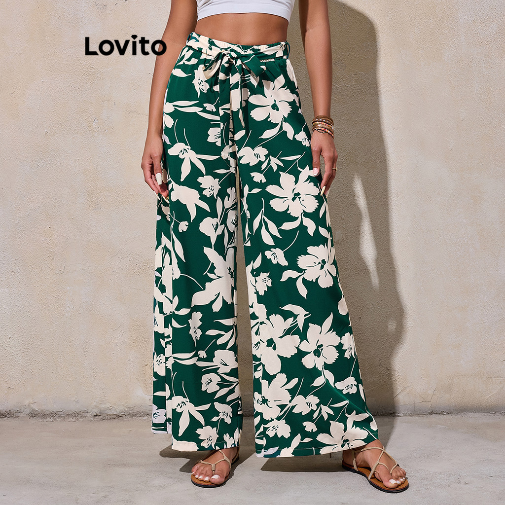 Lovito กางเกงลายพืชสไตล์โบฮีเมียนสำหรับผู้หญิง LBL18061