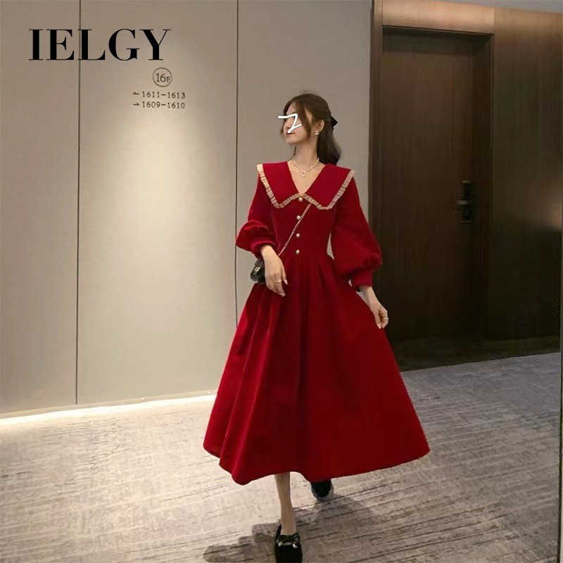 IELGY ชุดเดรสผ้ากํามะหยี่สีทองสีแดงสําหรับผู้หญิงคอปกทารก ชุดคริสต์มาส