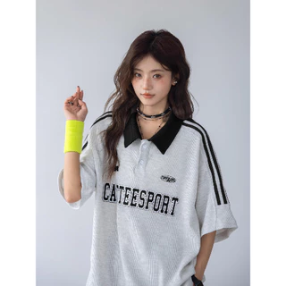 ส่งจากกรุงเทพฯ Solovely M-2XL เสอื้ผา้ผหู้ญง สไตล์เกาหลี พิมพ์ลาย แขนสั้น เสอ ลายทาง หลวมๆ เสื้อยืด โอเวอร์ไซส์ เสื้อโปโล