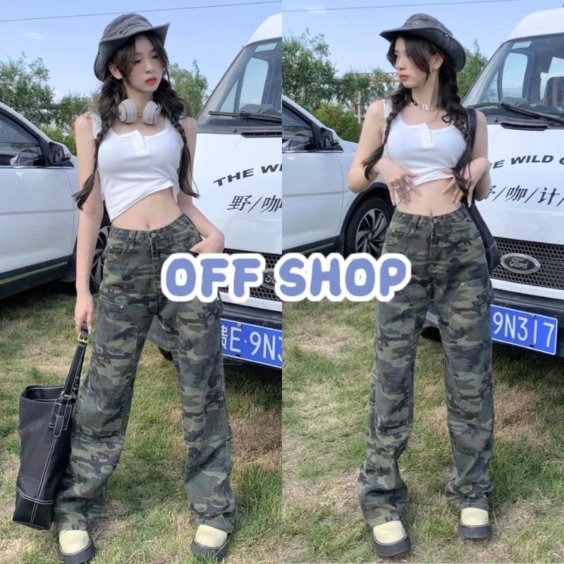 OFF SHOP พร้อมส่ง (OFF-11037-NZ) กางเกงเอวสูง ทรงกระบอก น่ารักมากๆ ขายาว ลายพรางทหารสีเขียว