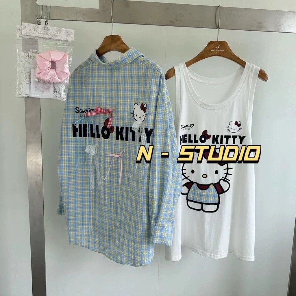 สไตล์ญี่ปุ่นสดและหวานโบว์ เคธี่ แมวเสื้อลายสก๊อตฤดูใบไม้ร่วงใหม่หลวม ซอก อิน สูงสุด