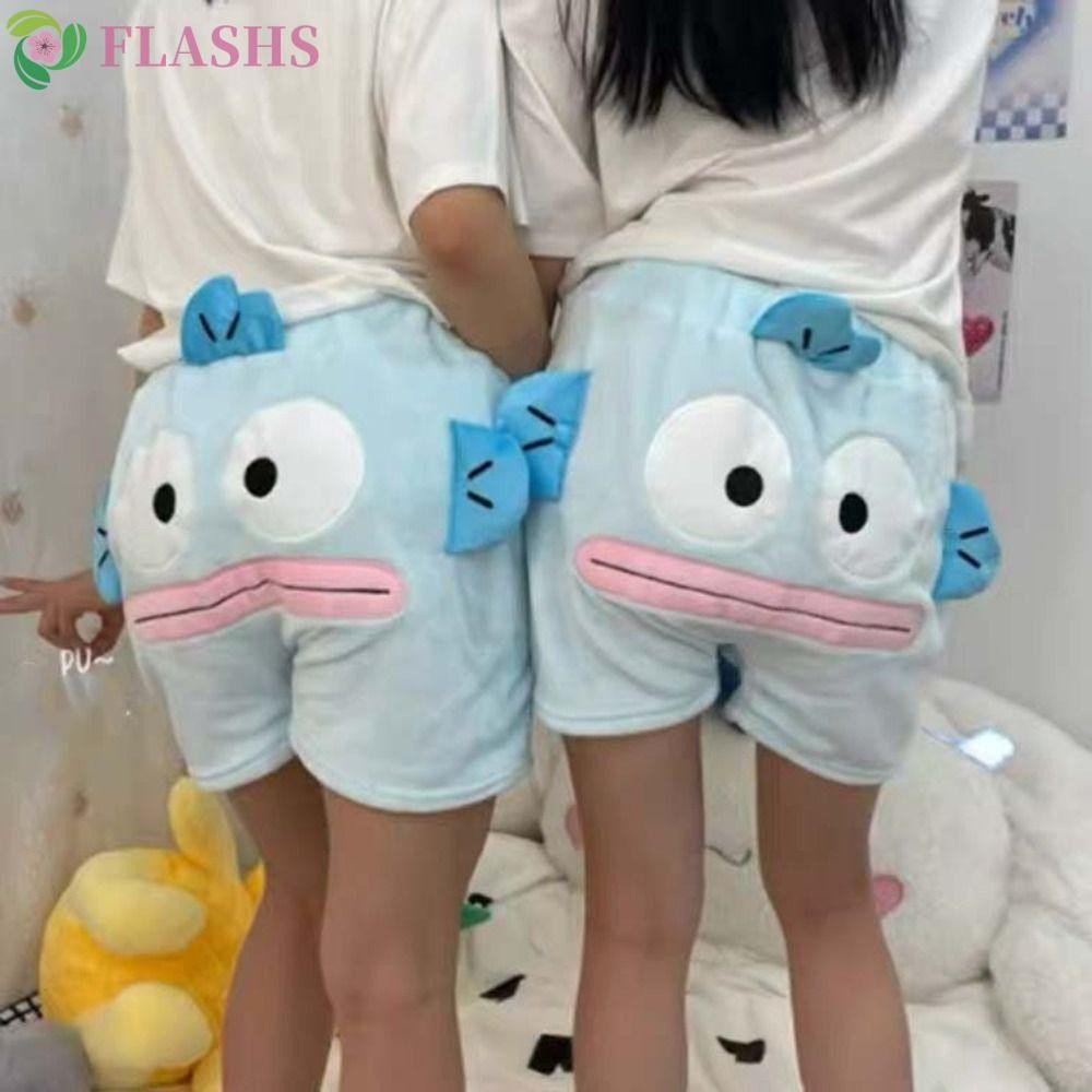 Flashsyn กางเกงขาสั้น Hangyodon, Patchwork อะนิเมะการ์ตูนชุดนอนกางเกงขาสั้น, Soft Homewear ตลกขนแกะปะการังหลวมกางเกงฤดูร้อน