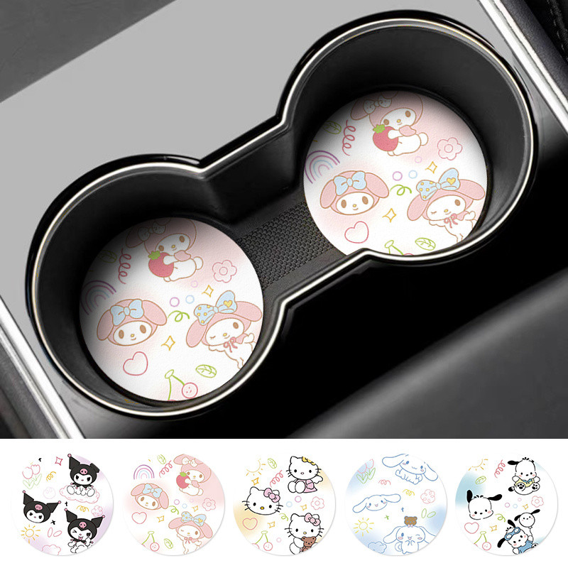 2 ชิ้น Hello Kitty Kuromi Cinnamoroll ที่วางแก้วในรถยนต์ My Melody ที่รองแก้ว Pachacco