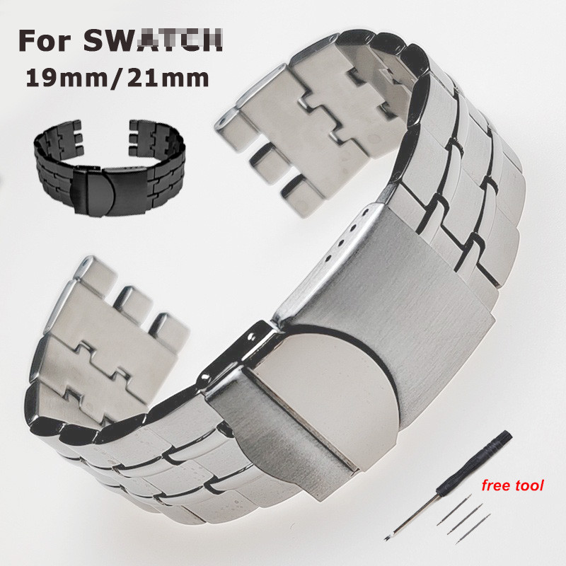 19 มม.21 มม.สายนาฬิกาโลหะสําหรับ Swatch YVS451 YVS435 YCS443G เปลี่ยนสายสแตนเลสสตีลเงินสีดําสร้อยข้อมือสายรัดข้อมืออุปกรณ์เสริม