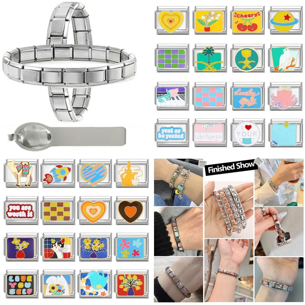 แฟชั่นผู้หญิงผู้ชายสี Y2k แมวดอกไม้ Love Cheery กระดานหมากรุกอิตาเลี่ยน Charm Link Fit 9 มม.สร้อยข้อมือสแตนเลสทํา DIY เครื่องประดับ