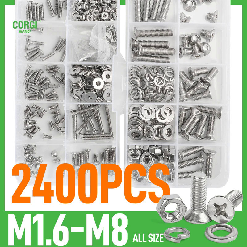 Up to 2400 Phillips Flat Head Machine Screws Assortment Kit M1.6 M2 M2.5 M3 M4 M5 M6 M8 KM Countersu