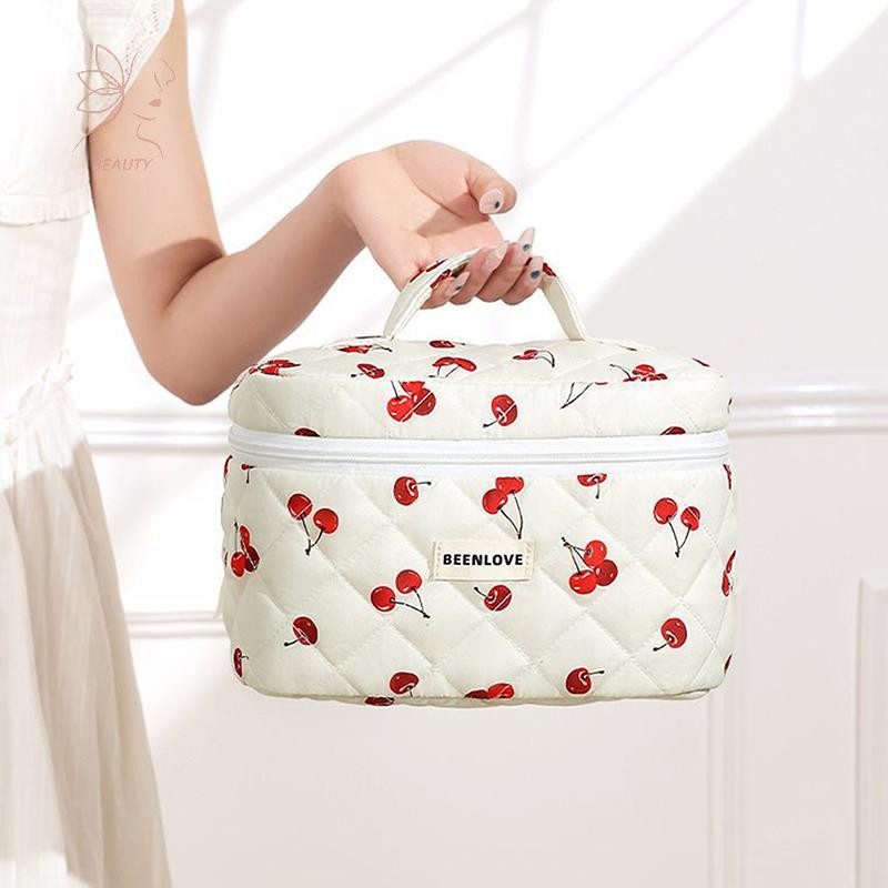 [maybeauty] 1pc Cherry Pring Makeup Bag Quilted Makeup Bag Large Flower Makeup Bag Womens Cotton Mak