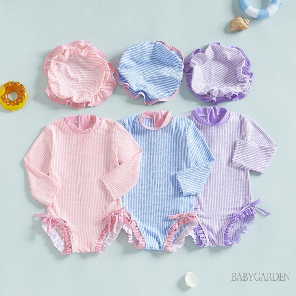 //-0-3years ชุดว่ายน้ําเด็กผู้หญิง Rash Guard ชุดว่ายน้ําพร้อมหมวกลายแขนยาวคอลูกเรือชุดว่ายน้ํา