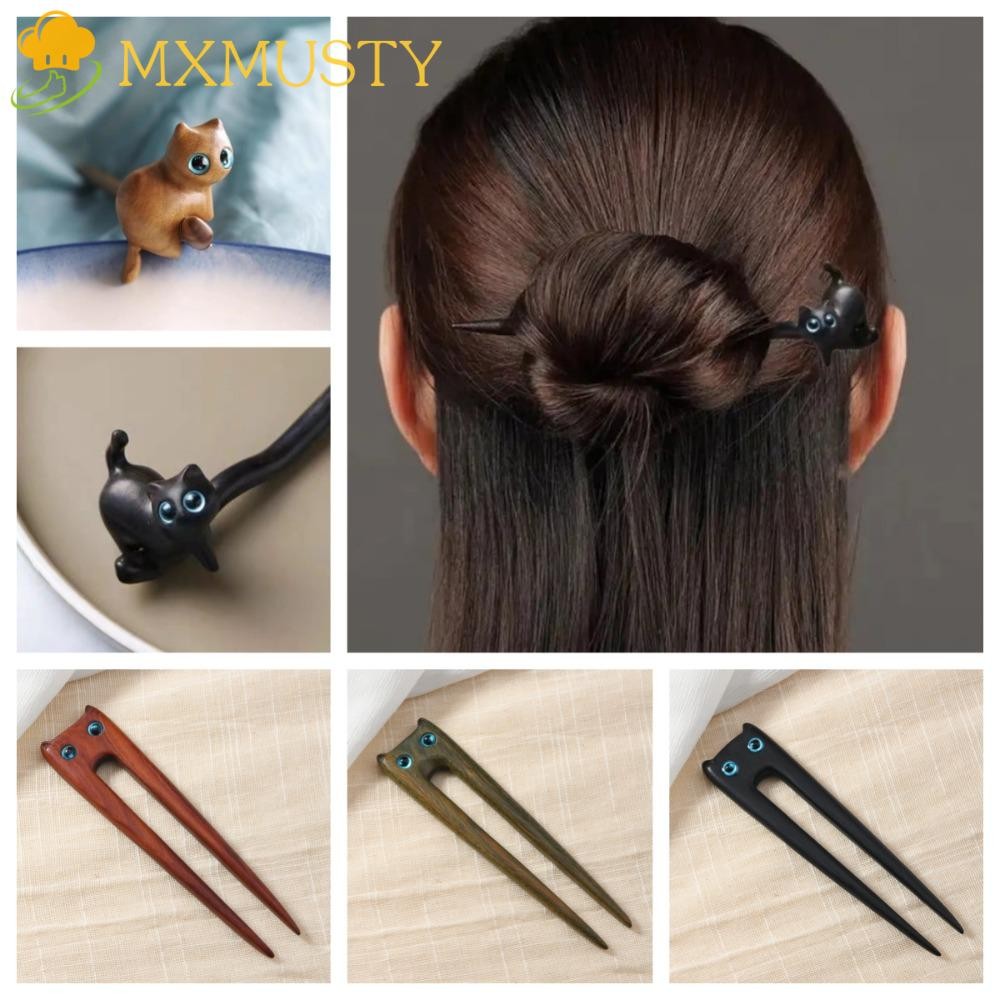 Mxmusty กิ๊บติดผมแมวไม้จันทน์, ไม้คาดศีรษะสร้างสรรค์ ไม้ดํา คิตตี้ติดผม, เครื่องประดับผมไม้ เก๋ รูปตัวยูโบราณ