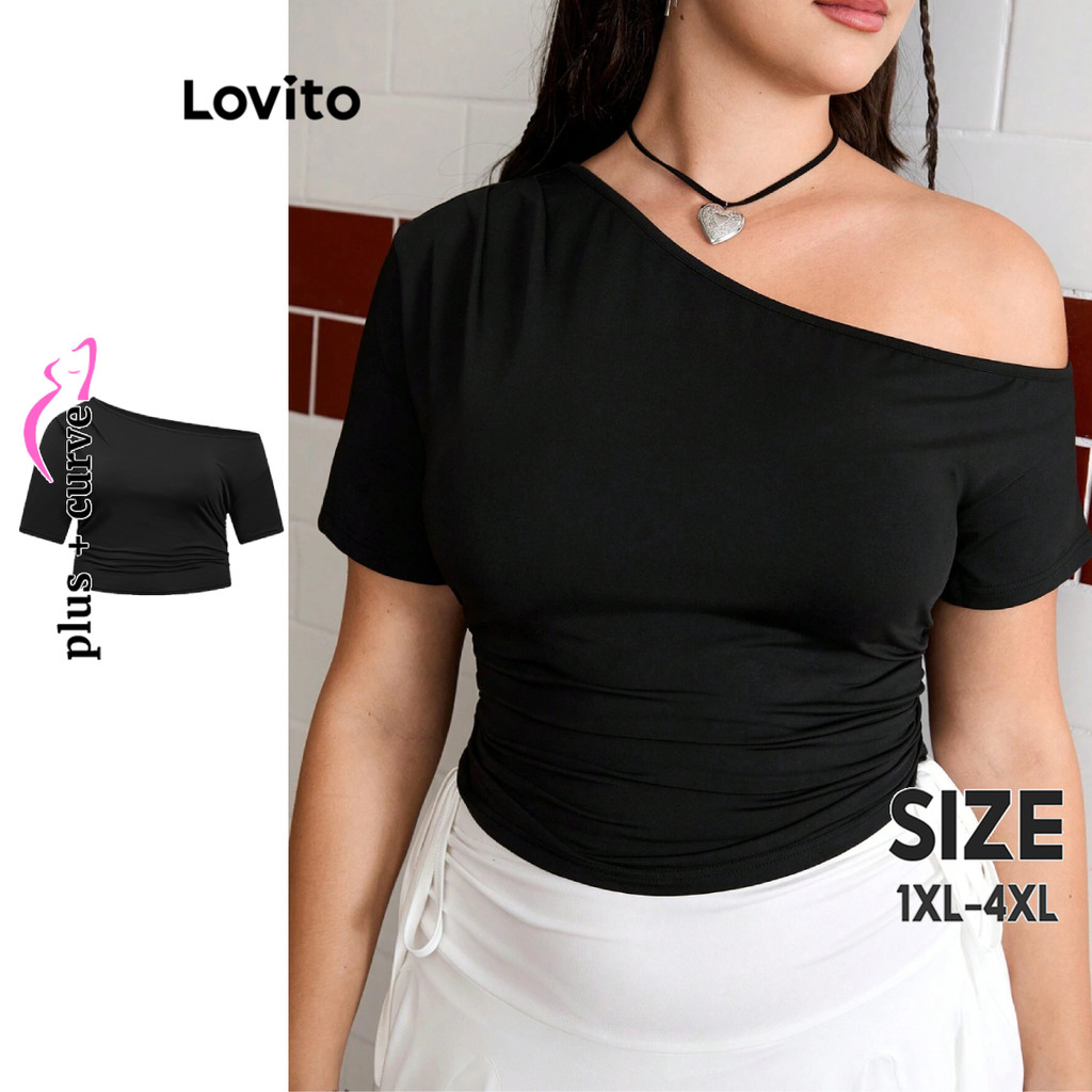 Lovito เสื้อยืดสาวอวบ เปิดไหล่ สีพื้น สไตล์หรูหรา LBL16532