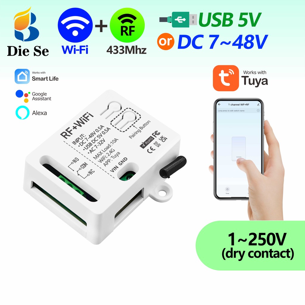 สวิตช์อัจฉริยะ Tuya WiFi สวิตช์ไร้สาย RF 433MHz รีเลย์ DC 7V 12V 24V 48V รองรับฟังก์ชันตั้งเวลา Alexa และ Google Home