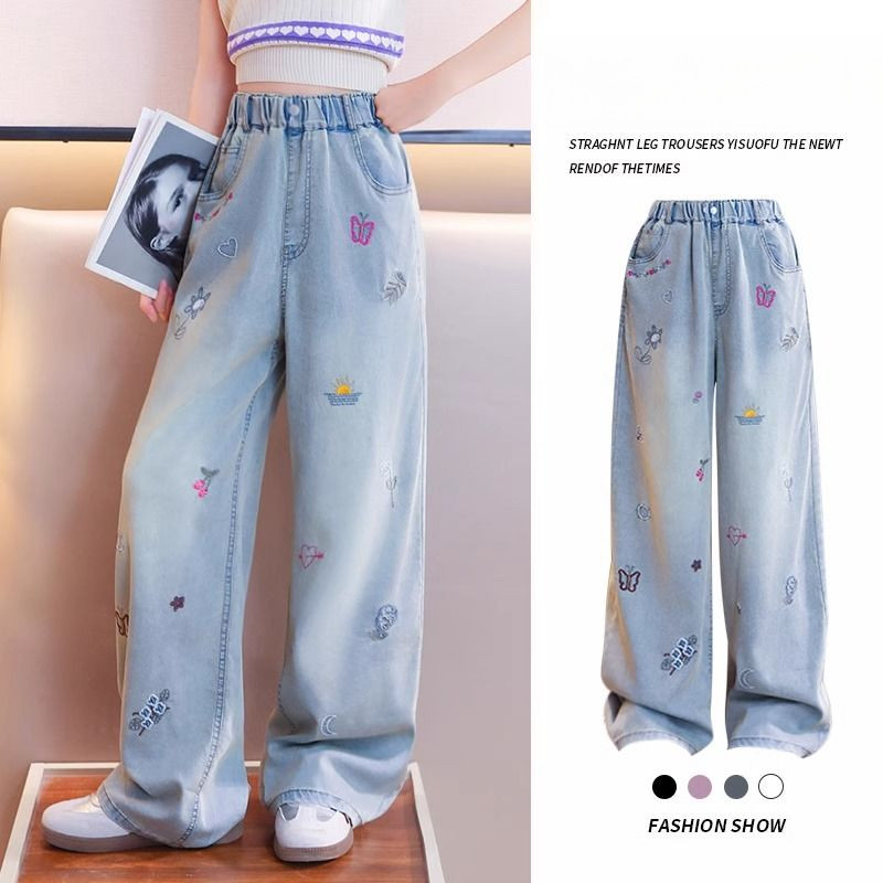 2025 กางเกงยีนส์เด็กผู้หญิง Tencel แบบบาง สบาย ระบายอากาศได้ กางเกงขากว้าง