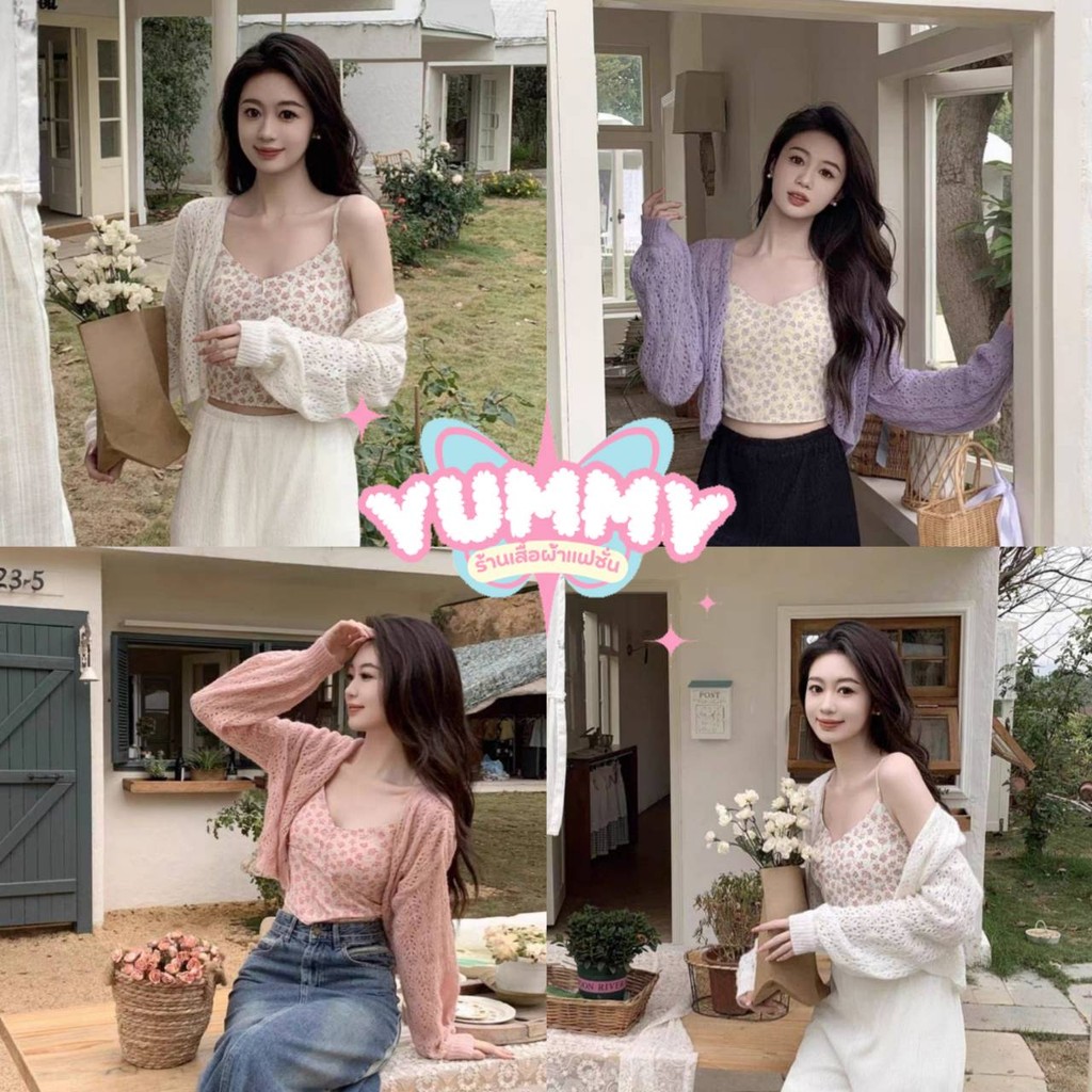 🎀Yummy Shop🎀พร้อมส่ง (FY230) -H เสื้อสายเดี่ยว ลายดอกไม้ มีฟองน้ำ สม๊อกด้านหลัง