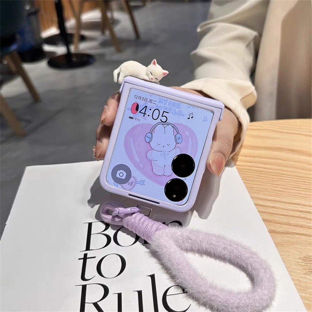 เคสโทรศัพท์สีม่วงแมว 3D เรียบง่ายน่ารักพร้อมเชือกคล้องตุ๊กตาสําหรับ Xiaomi Mix Flip Mixflip ฝาหลัง