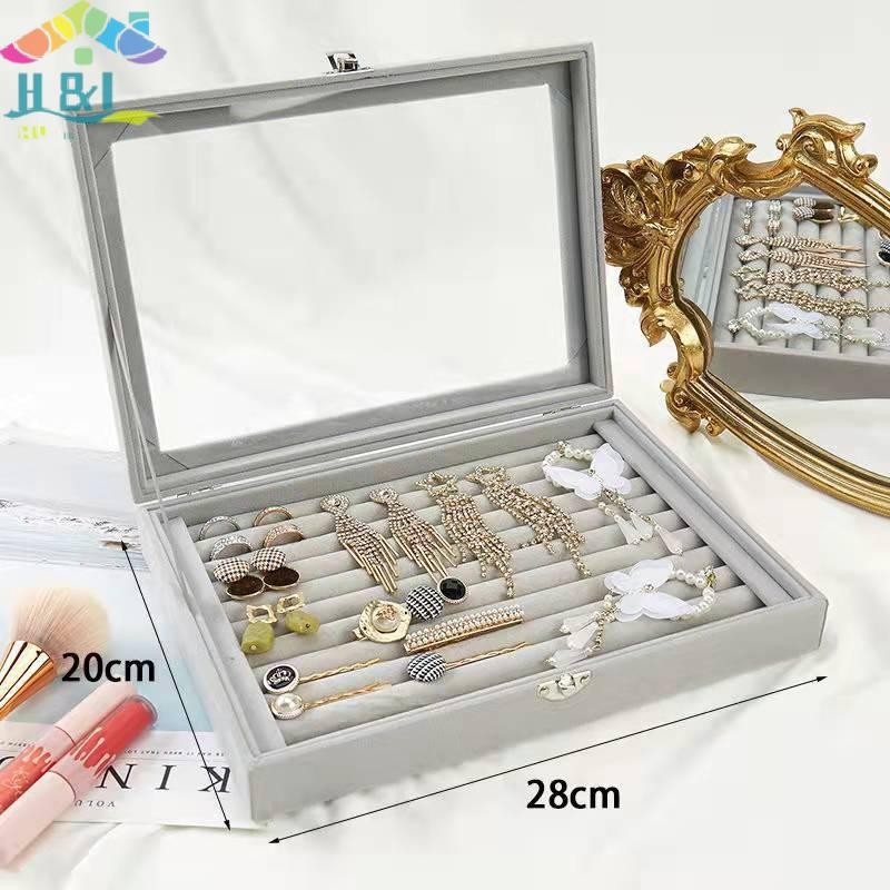 H&L Apr กํามะหยี่แหวนกล่องเครื่องประดับแสดงกรณีจัดเก็บแหวนต่างหูกล่องกันฝุ่นโปร่งใสพลิกฝากล่องเครื่องประดับ {th}