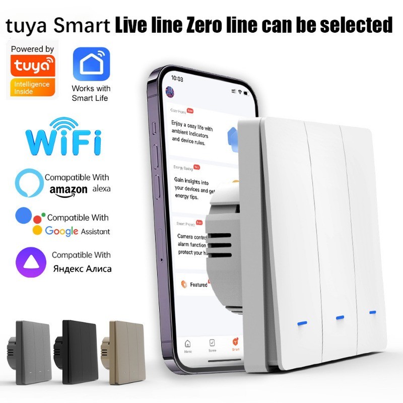 สวิตช์ไฟอัจฉริยะ Tuya wifi 1/2/3 Gang ไม่มีสายเป็นกลาง การควบคุมด้วยเสียงผ่าน Alexa และ Google Home
