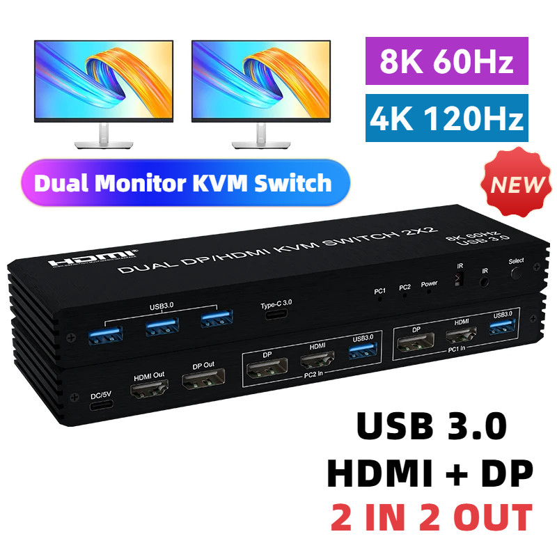 8K 60Hz Dual Monitor HDMI DP KVM Switch 2 in 2 out 4K 120Hz USB3.0 2x2 KVM Switch สําหรับ 2 PC 2 Mon