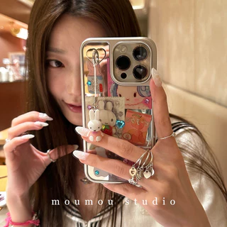Huiwanju เปลือกไฟฟ้ากระจกกระต่ายเหมาะสําหรับ iPhone16promax เคสโทรศัพท์มือถือ 15pro เคสป้องกัน 1413 สาวเรียบง่าย 11
