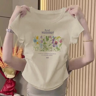 เสื้อยืดผู้หญิง เสื้อผ้าแฟชั่นตามกระแส เสื้อครอปเอวลอยรัดรูปเสื้อคอกลมเสื้อยืดรัดรูปสวยๆเสื้อแฟชั่นผู้หญิง เสื้อครอปมีรอ