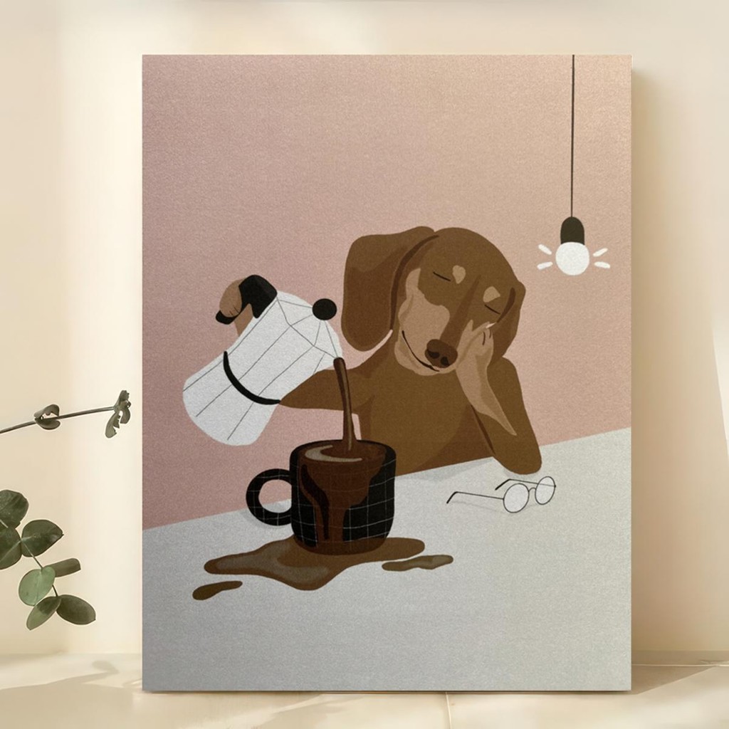 โปสเตอร์ศิลปะสัตว์ตลก กาแฟร่วมมือสุนัข สําหรับโฮมออฟฟิศ ห้องนอน ห้องครัว ทางเดิน ห้องน้ํา
