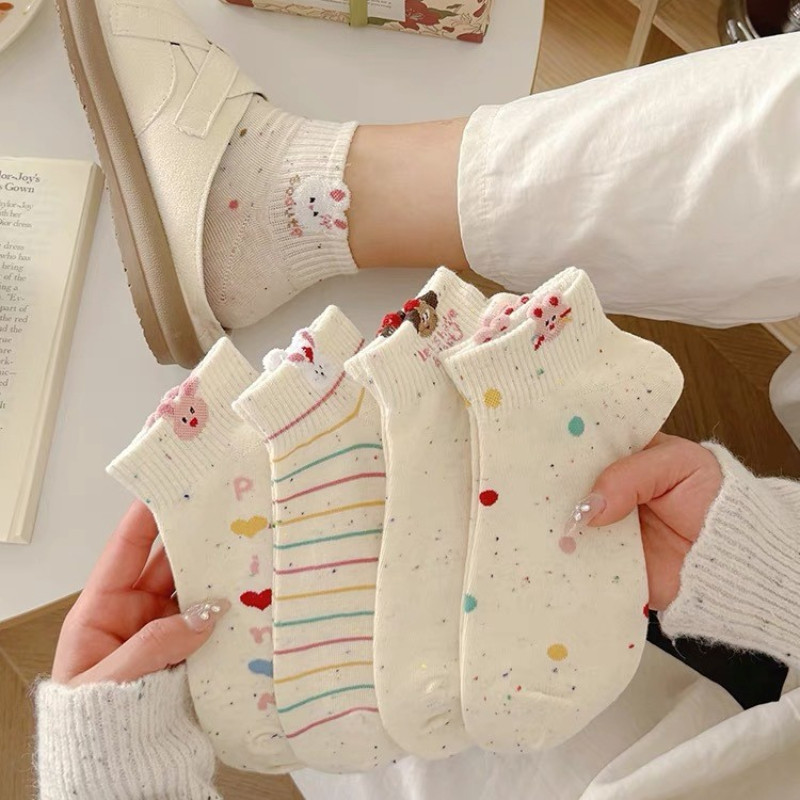 จุดเส้นด้ายกระต่ายน้อยถุงเท้าผู้หญิงฤดูใบไม้ผลิและฤดูร้อนถุงเท้าผ้าฝ้ายแท้น่ารักหลอดสั้นปากตื้นถุงเท้าเรือ