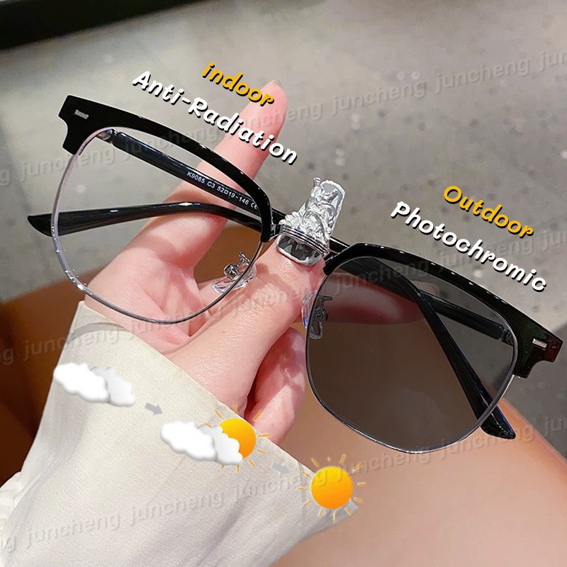 Half-Frame Photochromic ป้องกันรังสีสําหรับแว่นตา Unisex กรอบสีดําป้องกันแสงสีฟ้าสายตาสั้นแว่นตา
