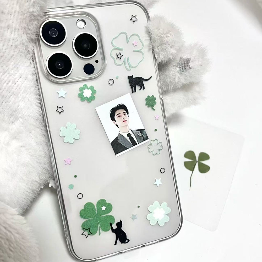เกาหลีFour-leaf Cloverแมวดําใส่เคสIphone 16promax 16pro 15promax 15pro 15 14promax 14pro 13promax 13pro 13 12pro 12promax 12 11promax 11 xsmax xr xs 7p