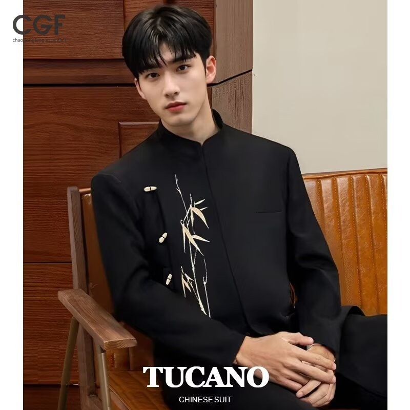 เสื้อแจ็คเก็ตผู้ชาย ใหม่คอจีนคอตั้ง สูทจงซาน งานปักไม้ไผ่สไตล์แห่งชาติ เสื้อสูทแฟชั่น