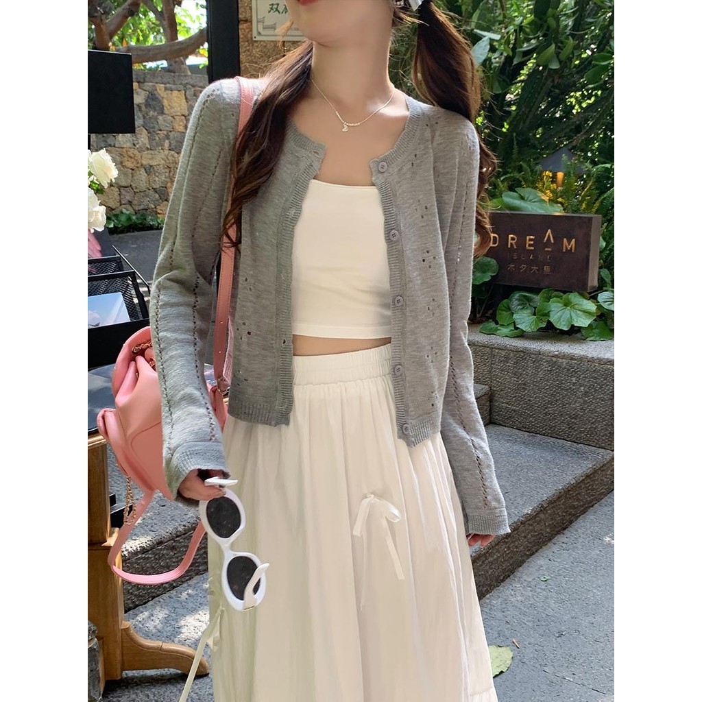 เสื้อคาร์ดิแกน ผ้าเรยอนถัก บาง สำหรับผู้ หญิง กันแดดใหม่ แขนยาว เสื้อถัก#HM501