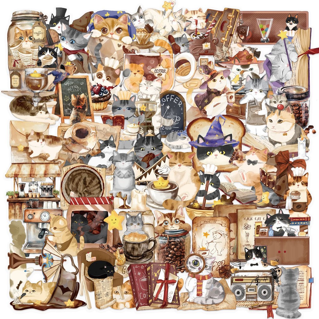 50pcs Cute Magic Cat Stickers สติ๊กเกอร์แมวเวทมนตร์สุดน่ารัก 50ชิ้น กันน้ำ วัสดุPET โปร่งใส