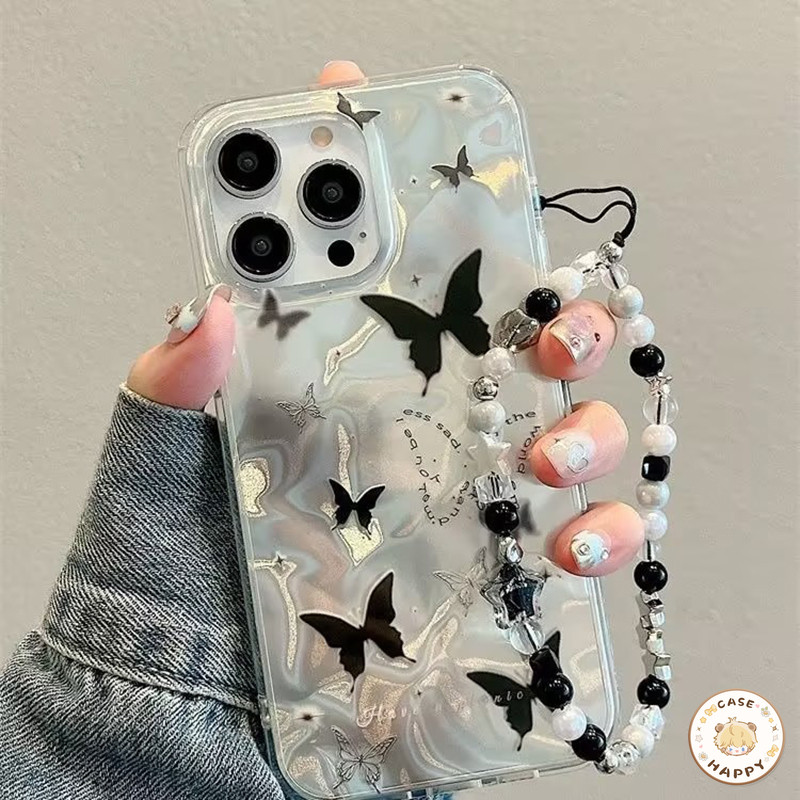 เคสไอโฟน 11 สำหรับ IPhone 15 16 13 14 12 Pro Max 7 8 15 16 Plus XR X XS Max SE 2022 การ์ตูนวินเทจผีเสื้อน่ารักสร้อยข้อมื