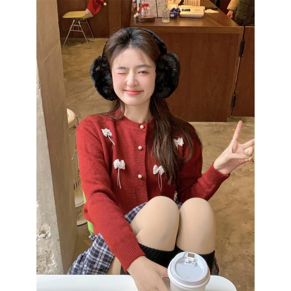 ใหม่สไตล์ตะวันตกออกแบบหวานโบว์สามมิติถักคาร์ดิแกนสีแดงเสื้อแจ็คเก็ตหลวมเสื้อกันหนาวน่ารัก